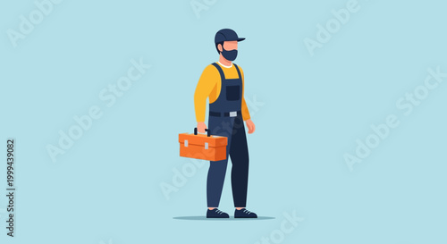 Handyman holding toolbox, professional worker, construction uniform, blue background