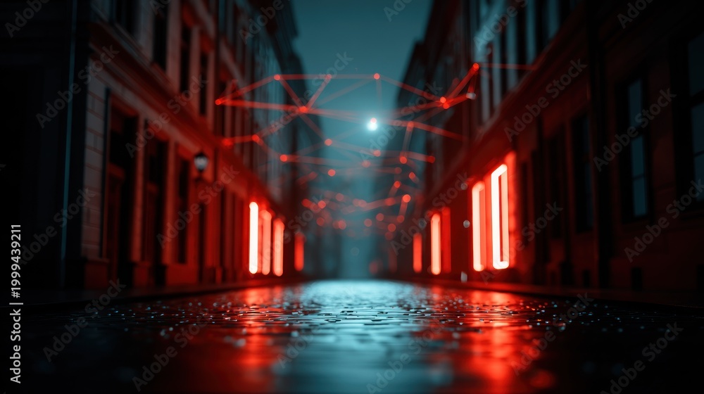 Naklejka premium Illuminated urban pathway suggests a digital network hovering above wet pavement at night