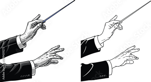 Conductor Hands with Baton Illustration Set, Classical Music Direction and Orchestra Gesture Detail