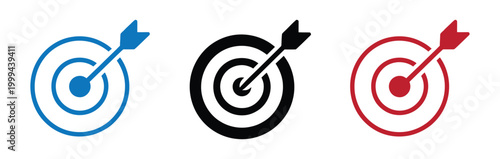 Three colorful target icons with arrows hitting the bullseye on white background vector illustration