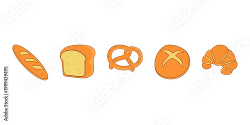 Bakery Items Set Baguette Toast Pretzel Bun and Croissant