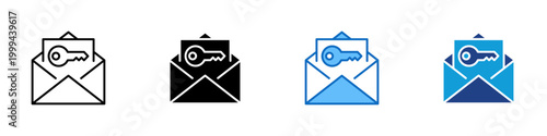 Email Key Multiple Style Icon Design Vector - Envelope with key representing OTP, secure message access, encryption delivery, and private communication
