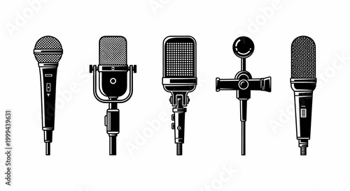 A detailed black and white illustration featuring a collection of five distinct vintage and modern microphones, showcasing various designs for audio recording and performance.