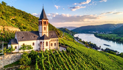 Vineyard church by a river at sunset