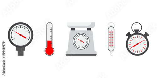 Measurement instrument icons including scale thermometer and stopwatch
