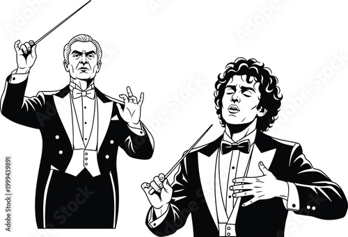 Classical Orchestra Conductors Illustration with Baton, Formal Attire, and Music Performance Portrait