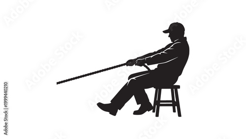 Man sitting on stool pulling rope with both hands in a strong motion while wearing a cap silhouette isolated on white background