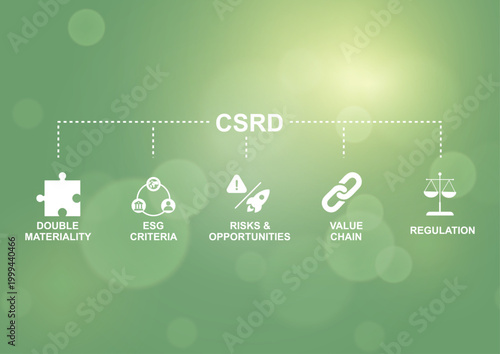 CSRD sustainability reporting components infographic. key CSRD sustainability reporting components on a green background, including double materiality, ESG, risks, value chain, and regulation. Vector 