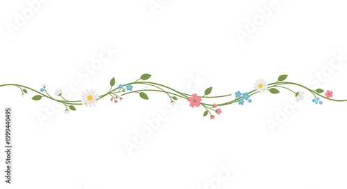 Delicate Horizontal Floral Border with Green Vine and Small Colorful Flowers, isolated white background.