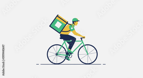 Happy Delivery Man Riding Bicycle with Food Box on Bright Studio Background