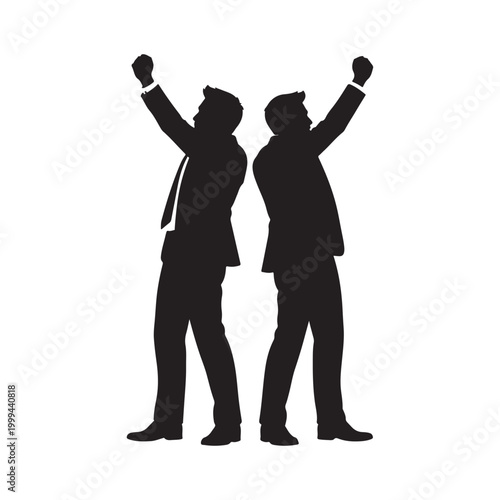 Two businessmen in silhouette celebrating with fists raised in triumph isolated on white background