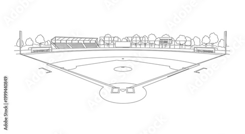 Empty Baseball Field and Stadium Layout Outline Isolated White Background