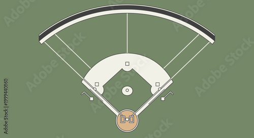 Aerial view of a baseball field with white lines, green grass, and brown infield, sports stadium layout.