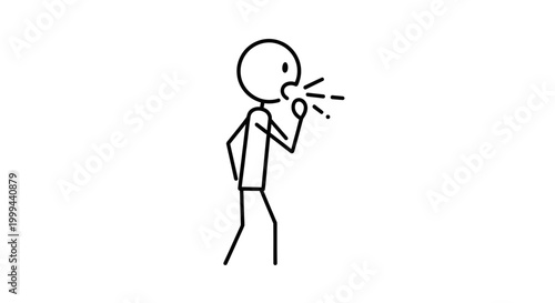 Simple stick figure character shouting or talking loudly with open mouth and hand gesture on isolated white background.