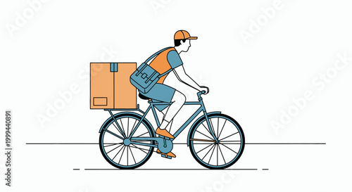 Male delivery worker riding a bicycle with a package on the back, offering fast delivery service on a bright white background.