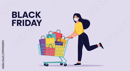 Young woman wearing a protective face mask pushing a shopping cart filled with bags during a black friday sales event.