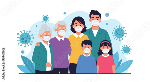 Multi-generational family members wearing face masks together to stay safe from viruses during a health pandemic event.