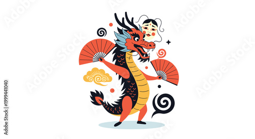 Traditional chinese dragon illustration with red fans and masks in a stylish and cultural graphic design for festivals.