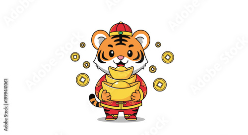 Cute cartoon tiger wearing traditional chinese clothing and holding golden ingots with coins for lunar new year wealth.