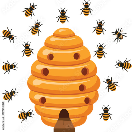 Bees flying around beehive honey production concept apiary nature illustration colorful insect vector design