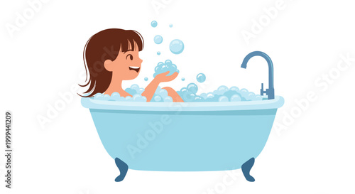 Happy young girl enjoying a relaxing bubble bath in a blue clawfoot tub with soapsuds in a fun cartoon illustration.