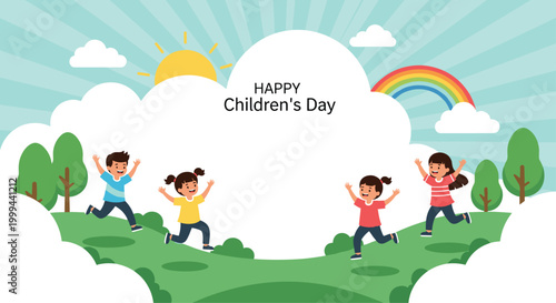 Happy children running and playing on green hills under a bright sun and rainbow to celebrate national children day.