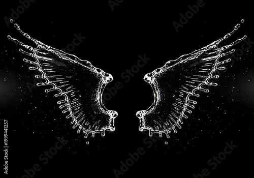White liquid splash forming angel wings on black background