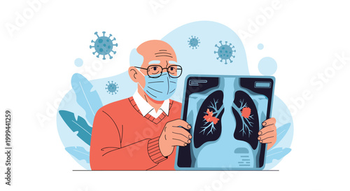 Senior man wearing a protective face mask examines a medical lung X-ray scan during a virus outbreak or pandemic.