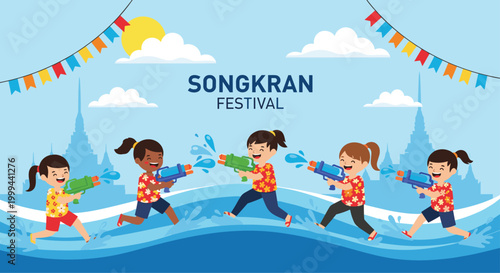Group of happy children playing with water guns and celebrating the traditional songkran festival in thailand with temples.