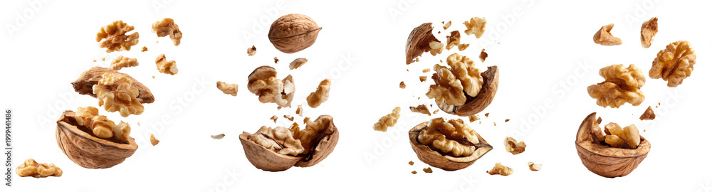 Fototapeta premium Set of floating cracked walnuts with shell fragments isolated on transparent background