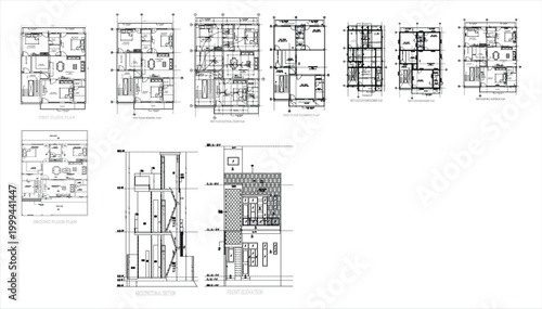 Bild auf Leinwand Detailed architectural blueprint with floor plans and elevations for constructio