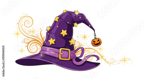 Purple pointed witch hat decorated with gold stars and a hanging jack-o-lantern pumpkin for halloween celebrations.