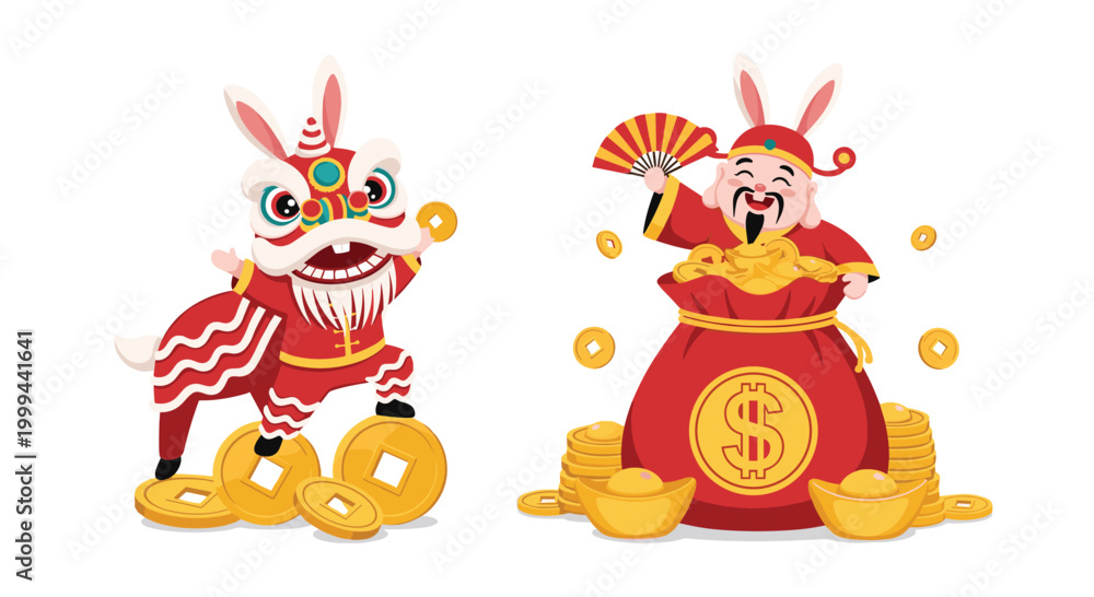 Fototapeta premium Festive rabbits performing a traditional lion dance and holding a bag of money to celebrate the chinese lunar new year.