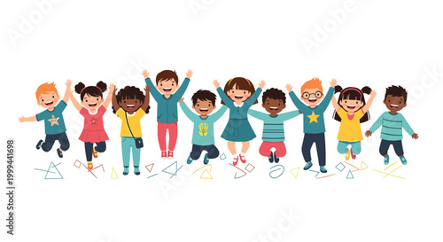 Group of diverse happy multicultural children jumping together and having fun in a row against a plain white background.