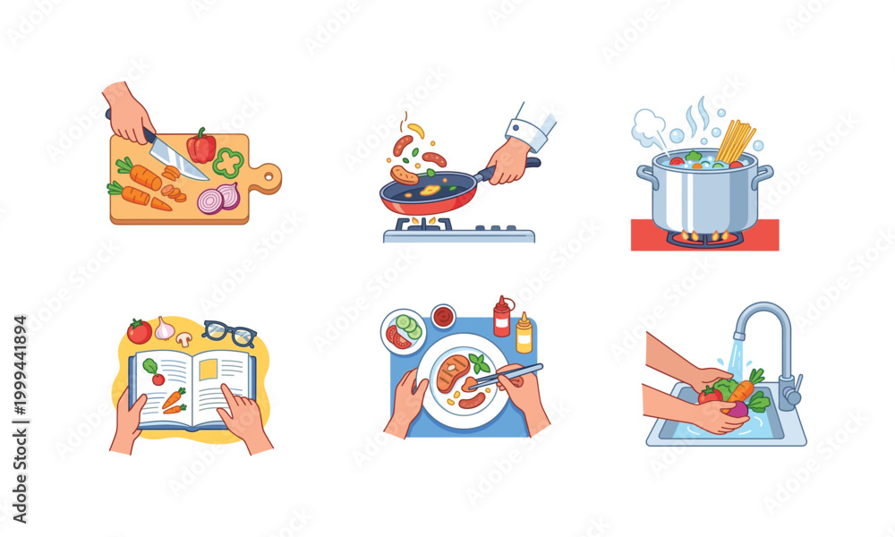 Fototapeta premium Professional flat vector illustration set showing cooking process steps including chopping vegetables, frying food, boiling pasta, reading recipe, and cleaning.