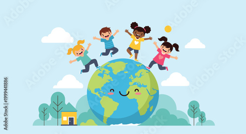 Group of diverse children dancing and playing happily on top of a giant smiling cartoon Earth planet against a cloudy sky.