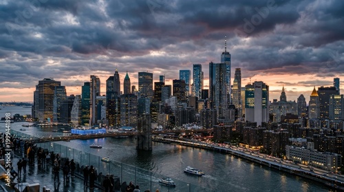 Dramatic Skyscape of New York City, Sunset, River and Buildings, Evening