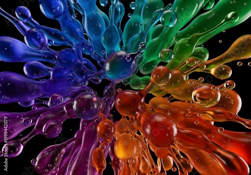 Rainbow liquid splashes exploding from center on black background