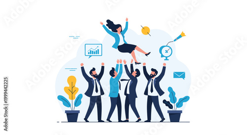 Successful business team celebrating by tossing their female leader into the air in a modern office environment with growth icons.