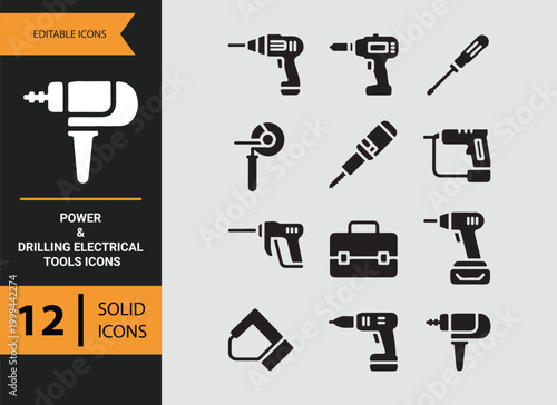 Power Drilling Tool Solid Icons for Heavy Electrical Work