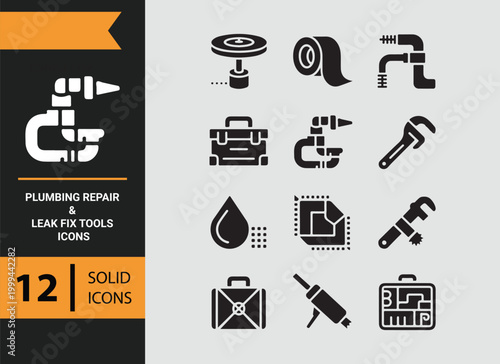 Leak Repair Plumbing Tool Solid Icons for Pipe Maintenance Work