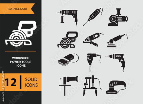 Workshop Power Equipment Glyph Icons for Professional Tool Usage