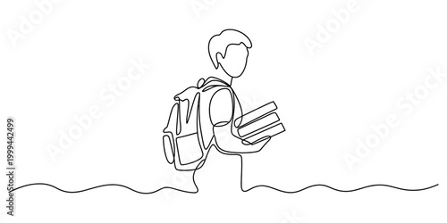 Billede på lærred Continuous line drawing, minimalist student with backpack and books, simple vect