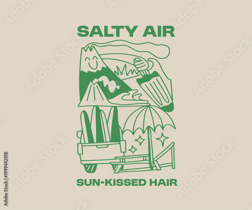 Summer Paradise Beach T shirt Design. Beach Quotes, Outdoor, Vacation, Holiday. Cartoon Vector Illustration. Palm Beach Graphic Tee for Print. Salty Air