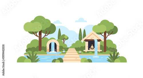 Peaceful natural landscape illustration with serene waterfalls, lush green trees, and a tranquil spa or meditation hut, ideal for wellness concepts.