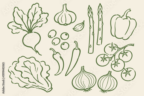 Vegetables set green naive sketch vector illustration