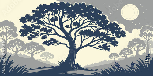 Flat Design Landscape with Large Sprawling Tree under a Full Moon