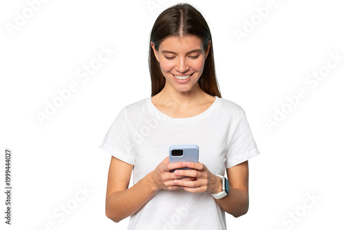 Woman wearing smart watch on wrist synchronized with her phone in hands