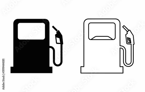 Two gas pump icons, one solid black and one outline, representing fuel stations and vehicle refueling.