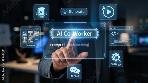 Photos Person interacting with AI co-worker interface for generating content and assist